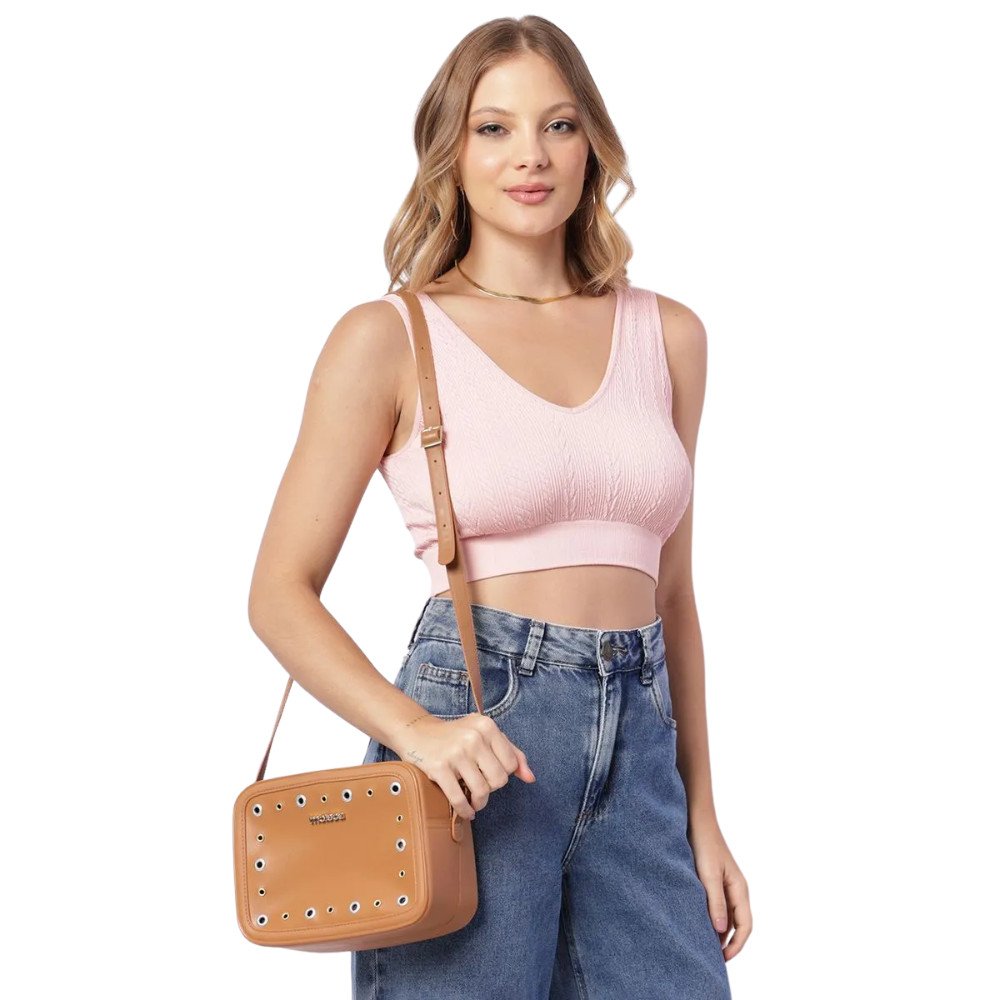 Bolsa Moleca Transversal Casual Detalhes Metalizados Feminina Camel Camel 2