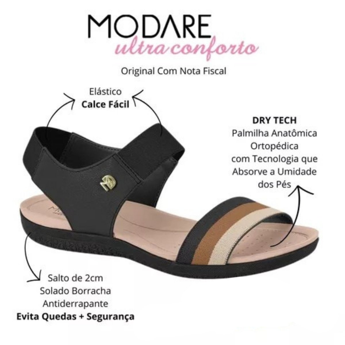 Sandalia Modare Tiras Elastico Conforto Preta Camel Preto/Camel/Creme 1