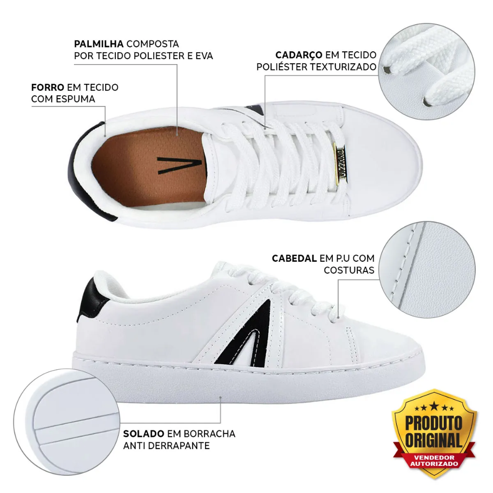 Sapato Casual Feminino Tenis Vizzano Branco  Branco/Preto 6