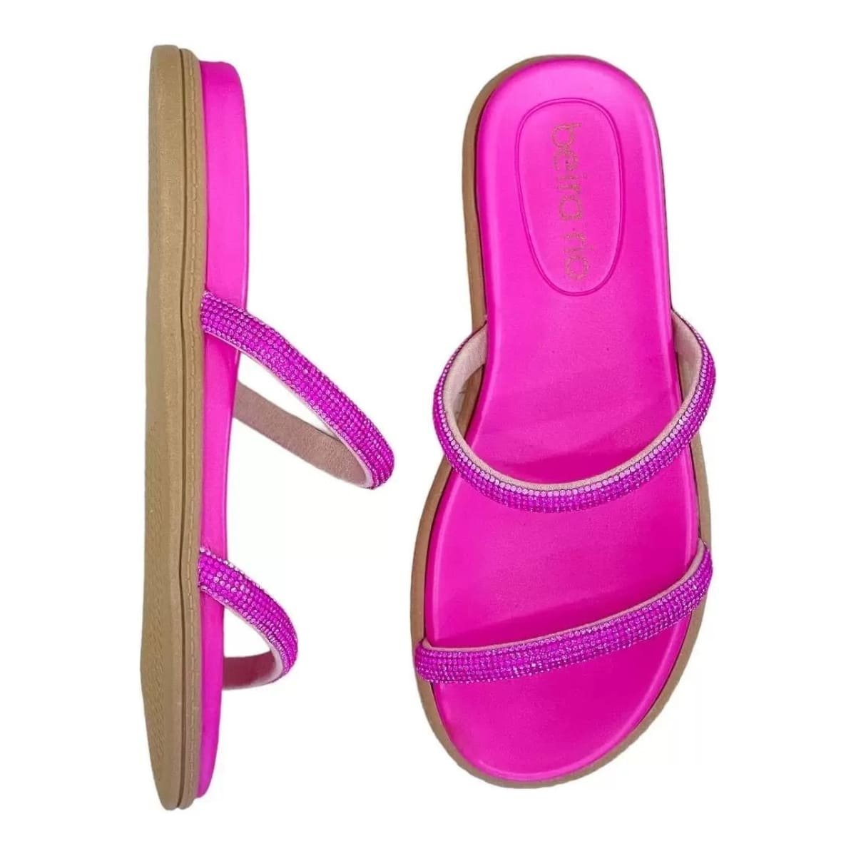 Papete Beira Rio Duas Tiras Strass Feminina Pink Rosa 4