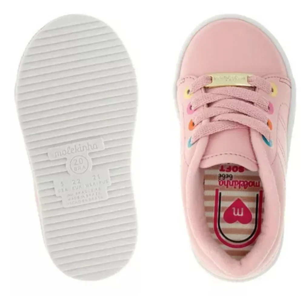 Tenis Molekinha Rosa Coracoes Detalhes Ilhos Meninas Rosa 3