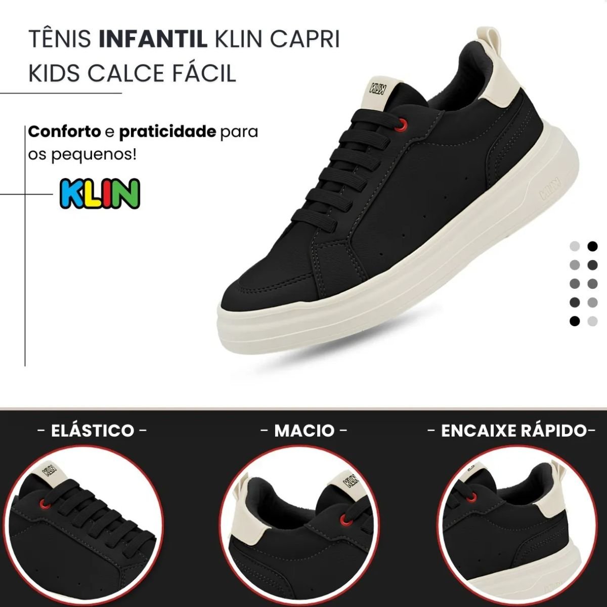 Tenis Klin Infantil Preto Off White Conforto e Seguranca Preto 3
