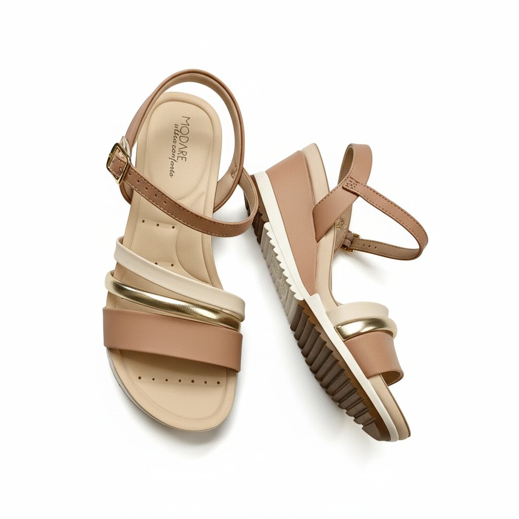 Modare Sandalia Nude Dourado Creme Feminino Ortopedico Bege 3