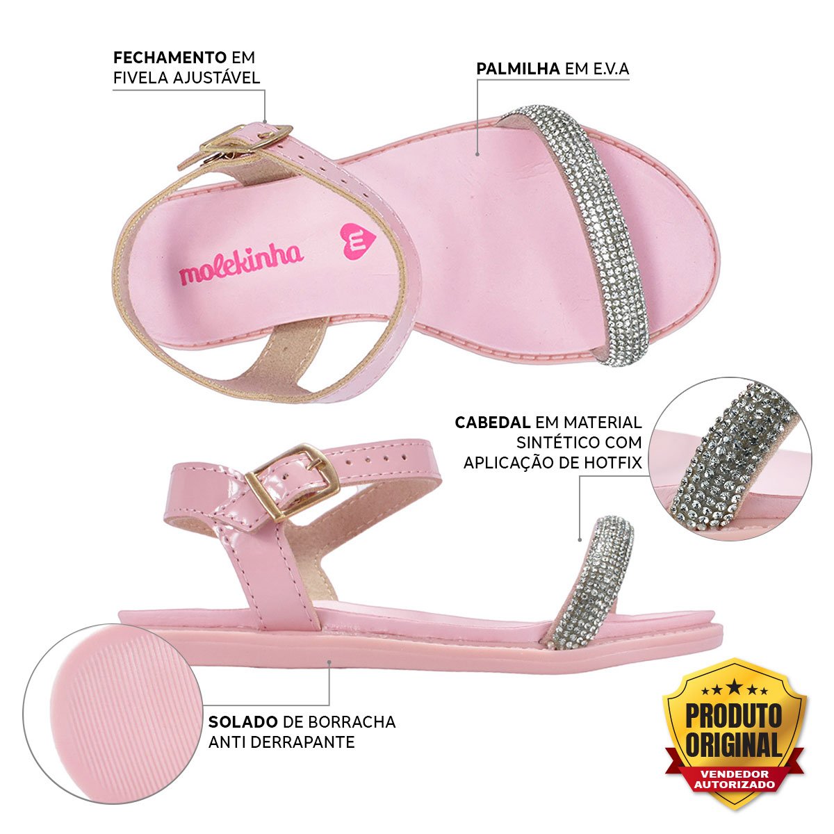 Sandalia Rasteira Infantil Molekinha Menina 2312258 Rosa 3