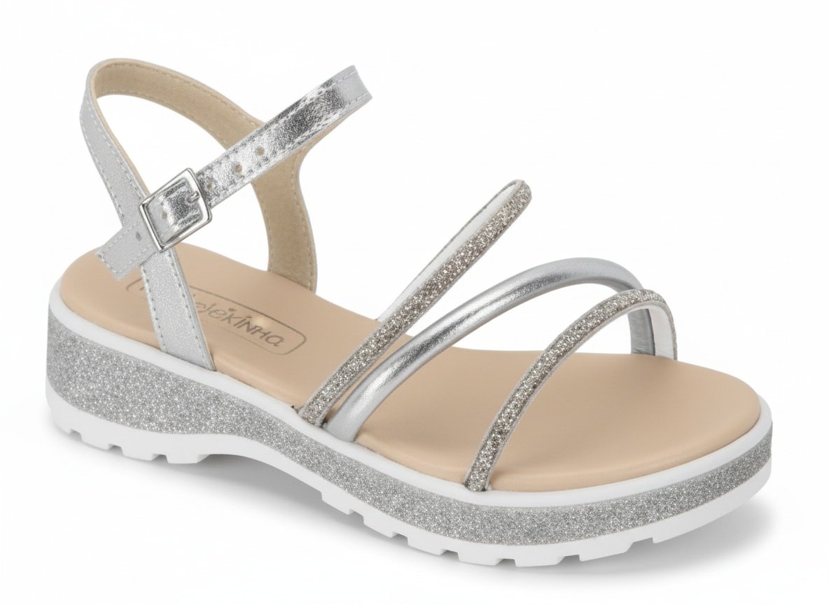 Molekinha Sandalia Infantil Brilho Prata Branco Encanto