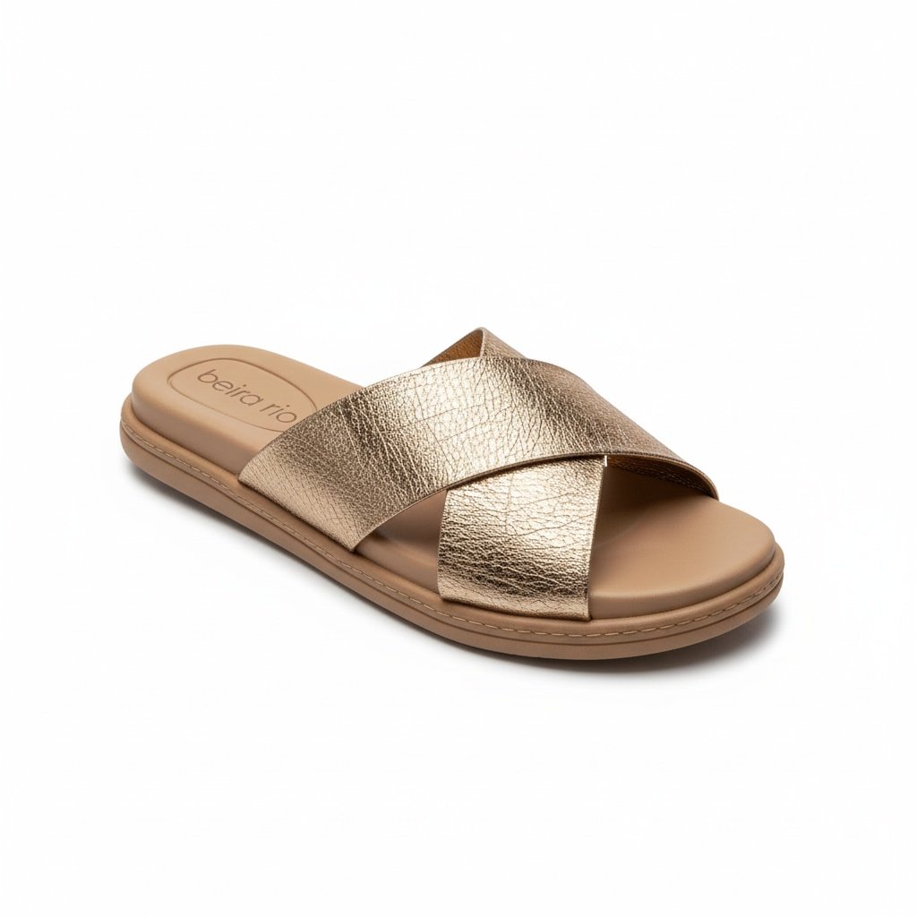 Beira Rio Tamanco Rasteira Ouro Rosado Ultraleve Glamour