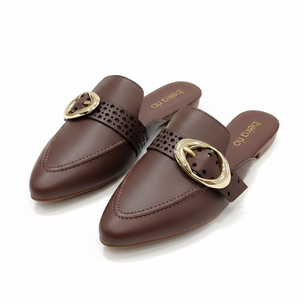 Beira Rio Mule Chocolate Bico Fino Fivela Dourada Marrom 3
