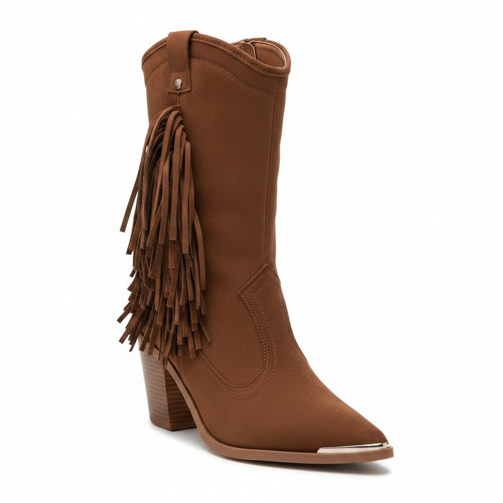 Bota Moleca Camel Franjas Bico Fino Charme Urbano