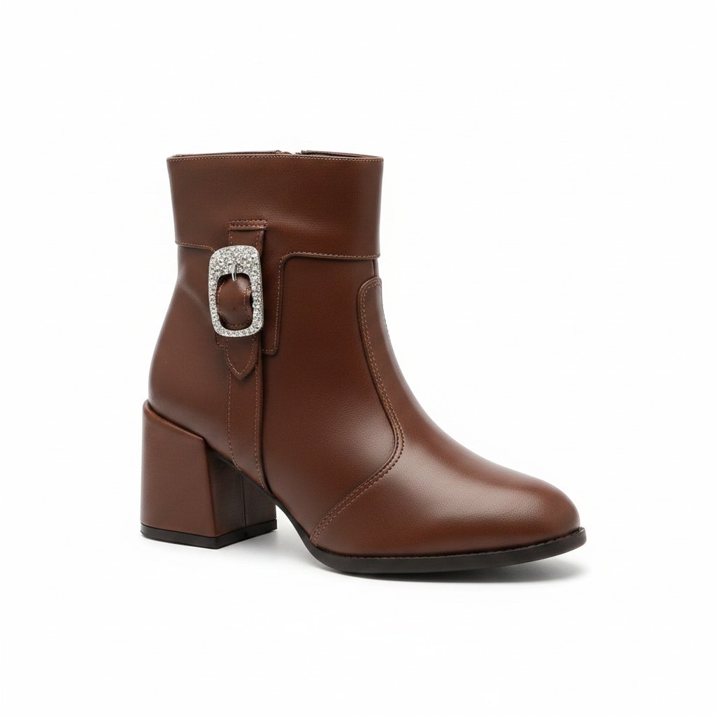 Bota Moleca Marrom Salto Bloco Fivela Strass Casual