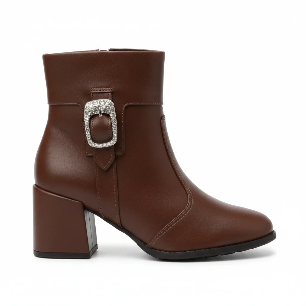 Bota Moleca Marrom Salto Bloco Fivela Strass Casual Marrom 4