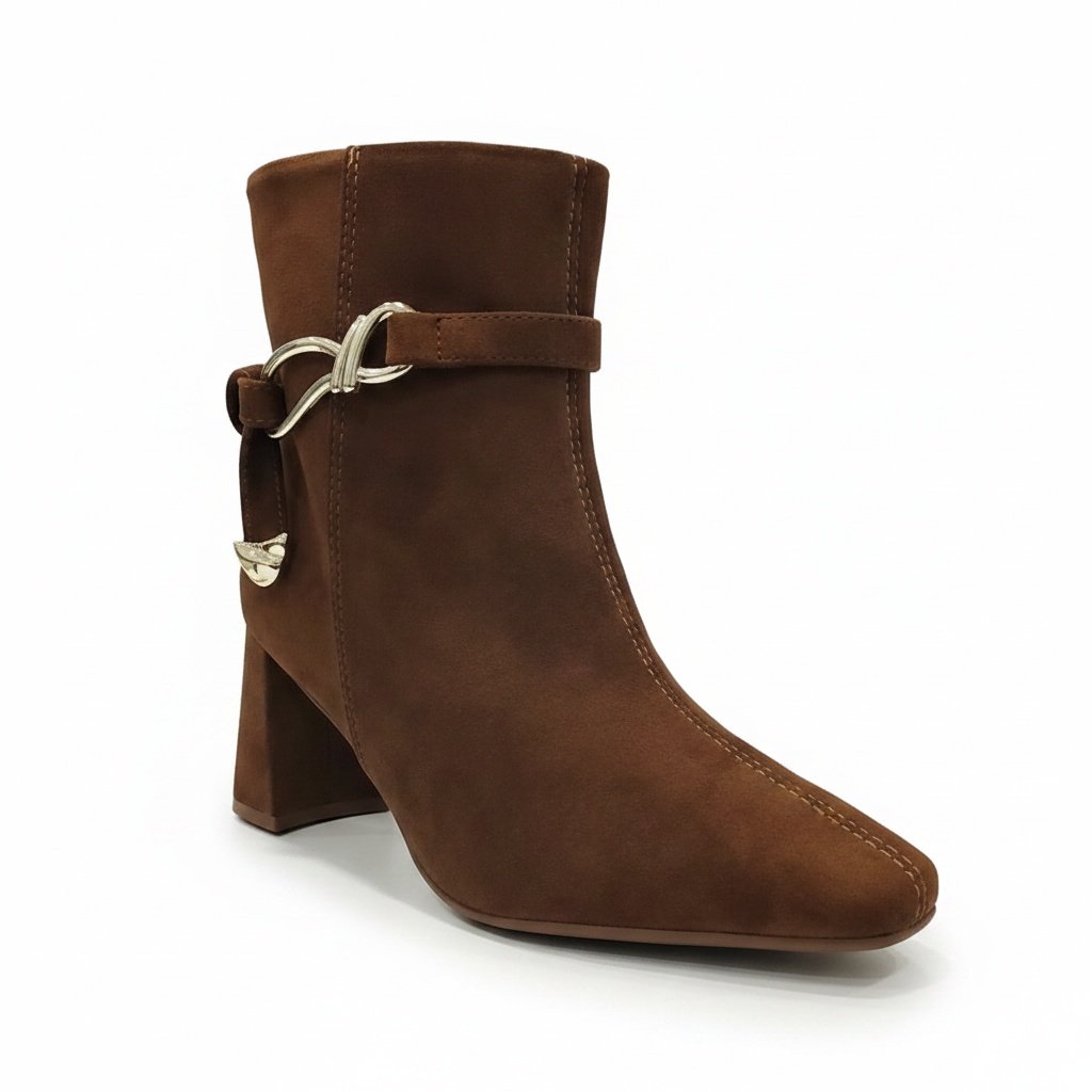 Bota Beira Rio Cano Curto Camel Salto Bloco Toque Dourado