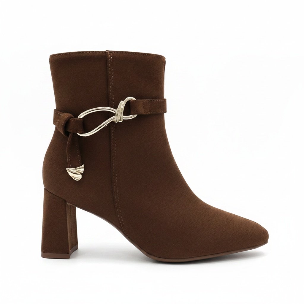 Bota Beira Rio Cano Curto Camel Salto Bloco Toque Dourado Marrom 3