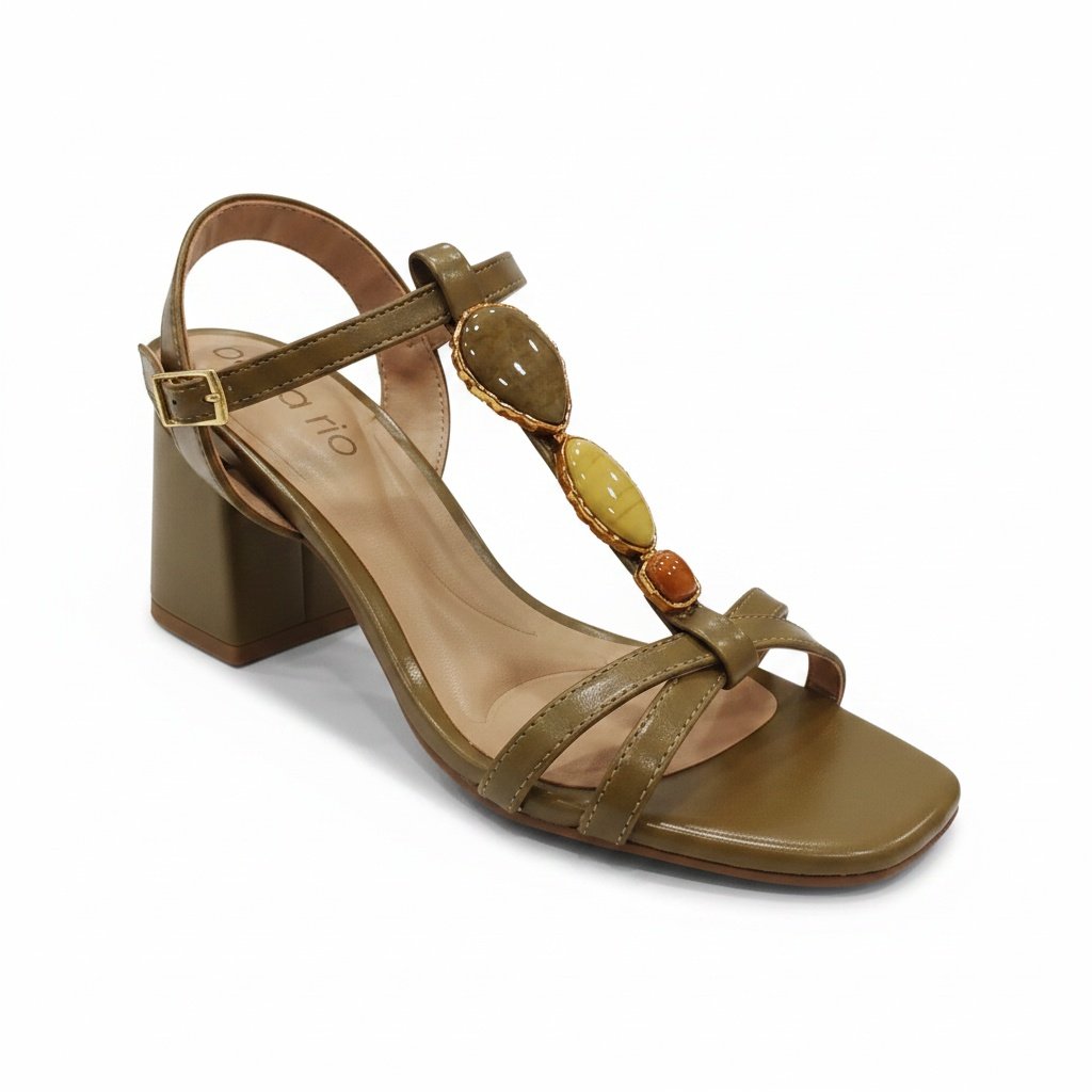 Beira Rio Sandalia Salto Bloco Olive Detalhe Pedras