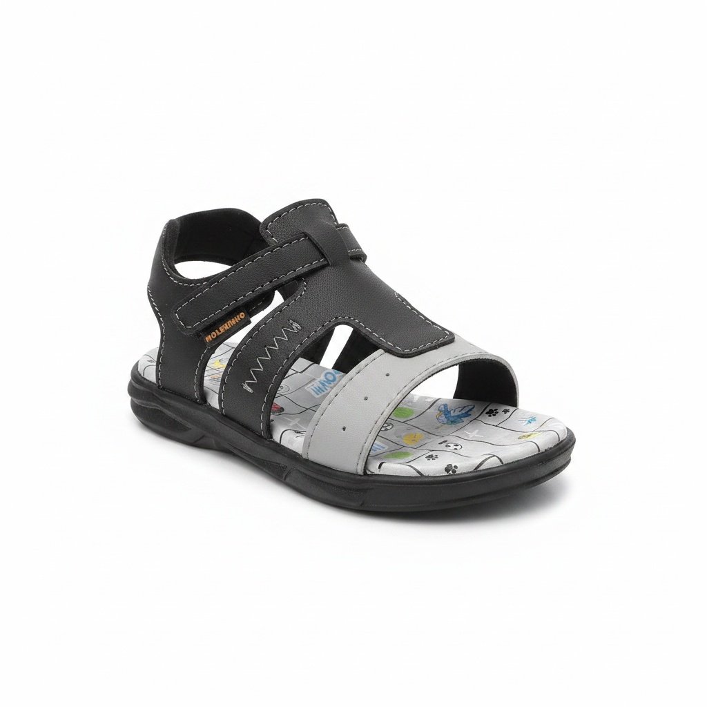 Molekinho Sandalia Infantil Velcro Preto Cinza Leveza Ativa