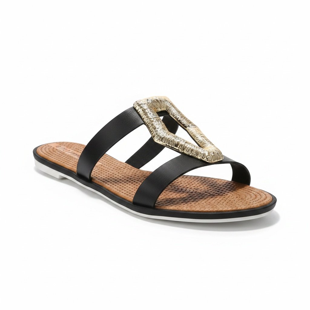 Beira Rio Rasteira Strass Preto Toque Dourado Versatil 