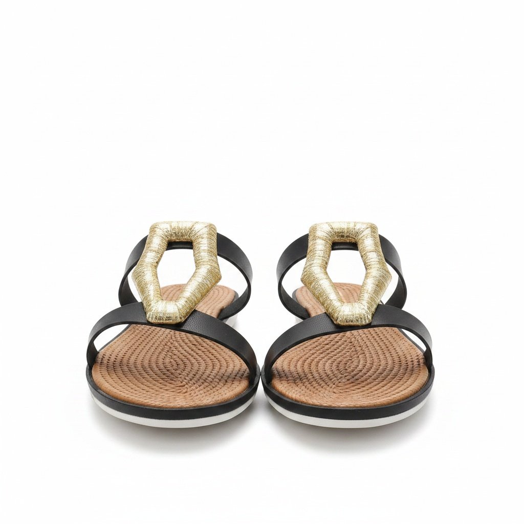 Beira Rio Rasteira Strass Preto Toque Dourado Versatil Preto 3