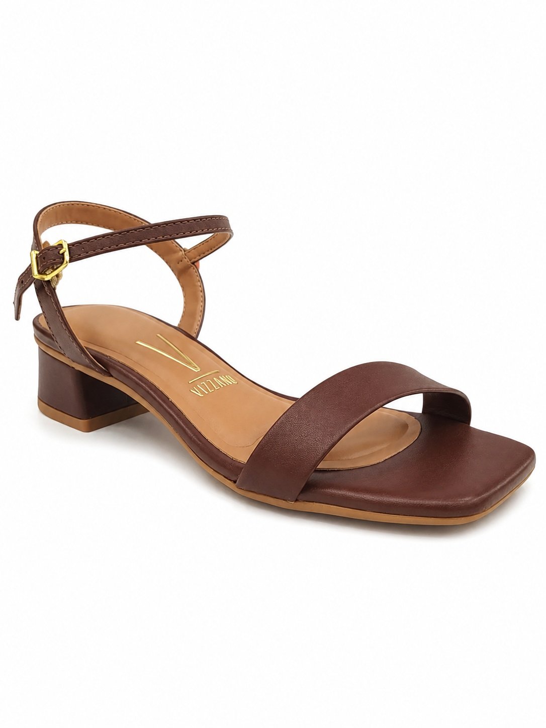 Vizzano Sandalia Salto Bloco Chocolate Bico Quadrado 