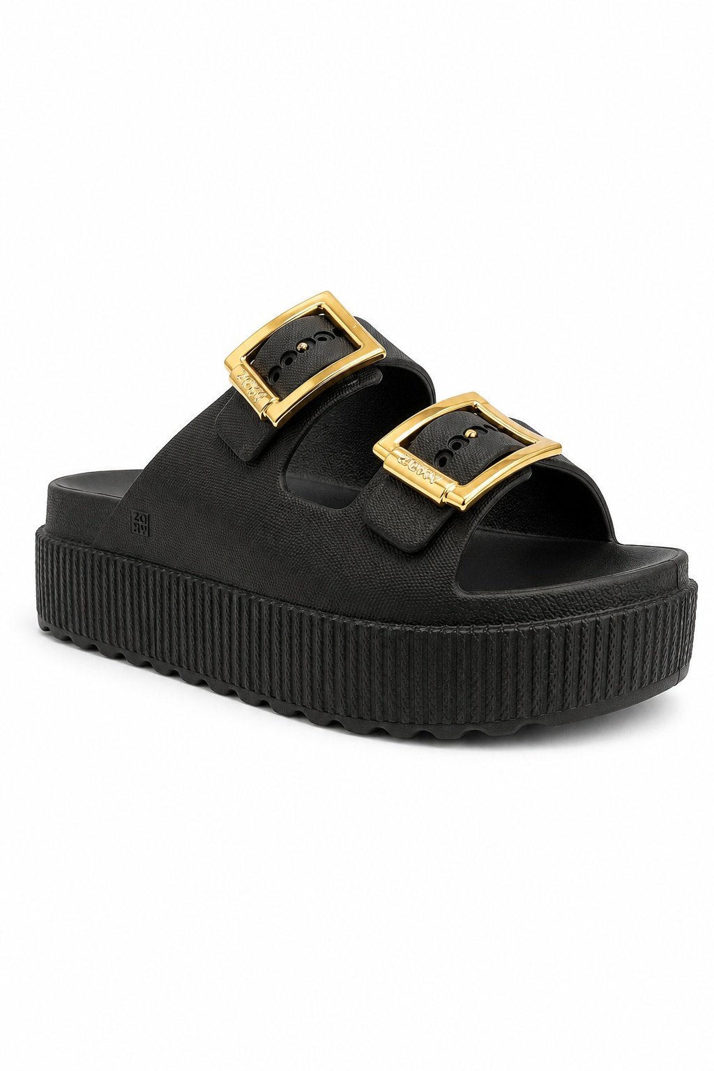 Tamanco Zaxy Feminino Plataforma Preto Ouro Metalizadas
