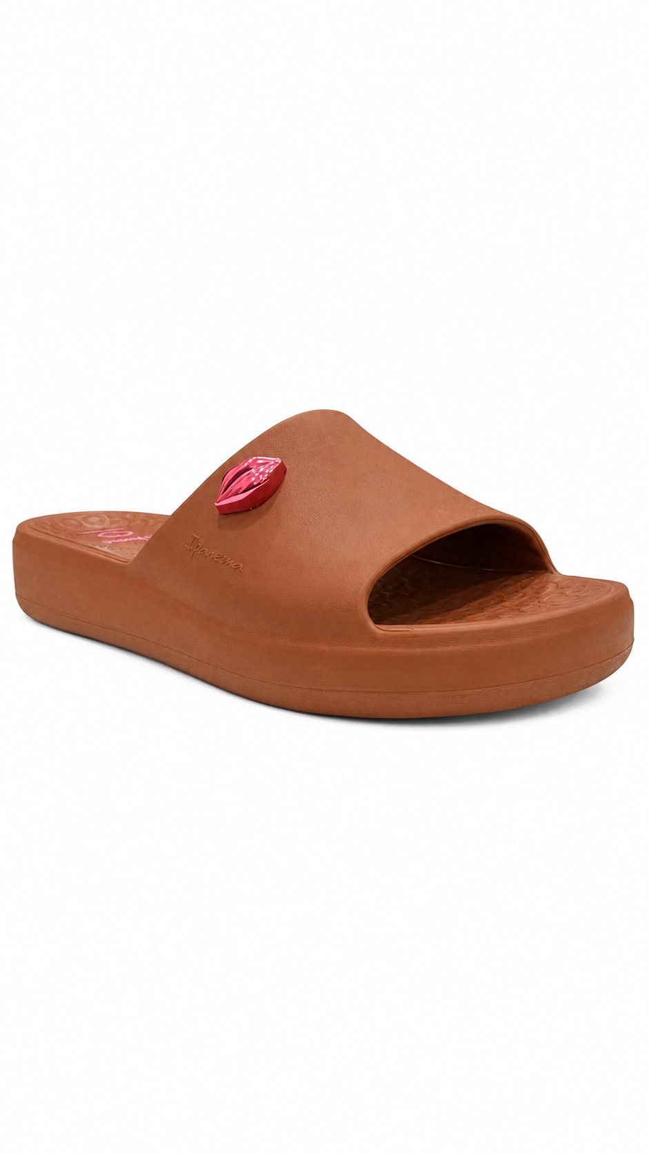 Chinelo Slide Feminino Marrom Aplique Boca Metalizado
