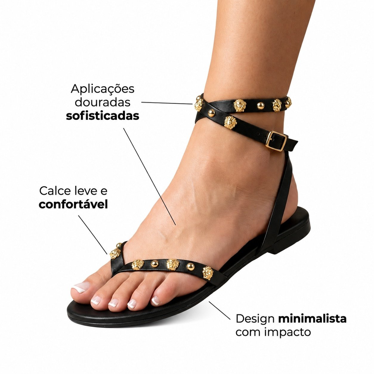 Sandalia Rasteira Moleca Preta Tachas Douradas Casual Preto 2