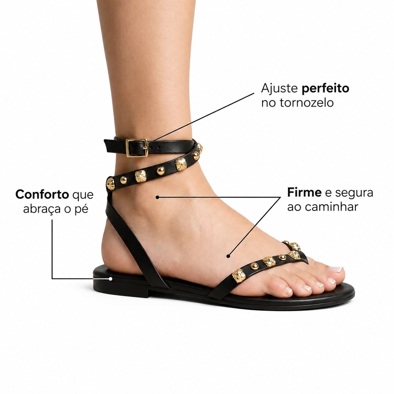 Sandalia Rasteira Moleca Preta Tachas Douradas Casual Preto 4