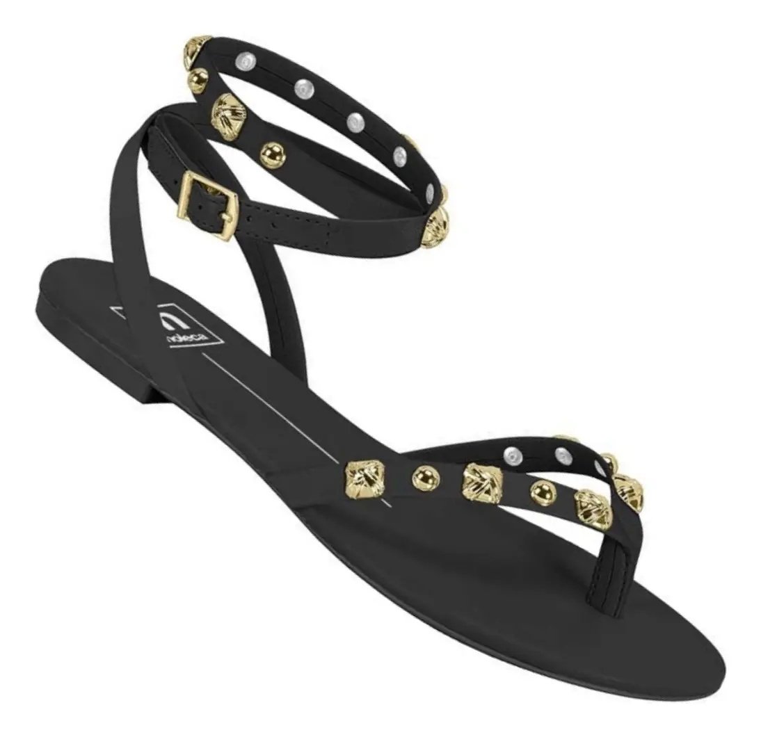 Sandalia Rasteira Moleca Preta Tachas Douradas Casual Preto 5