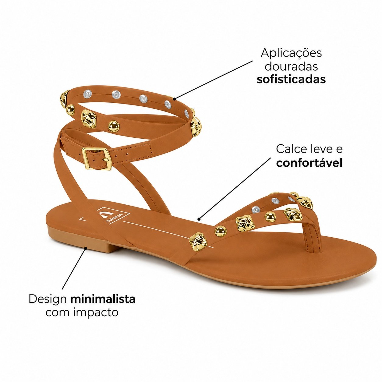Sandalia Moleca Feminina Caramelo Tachas Fivela Casual Leve Marrom 5