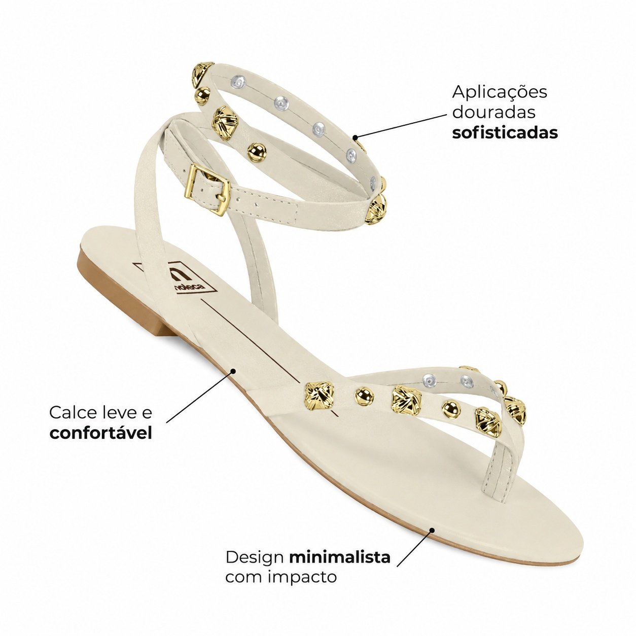 Sandalia Moleca Branco OFF Tachas Douradas Feminino Casual Branco 2