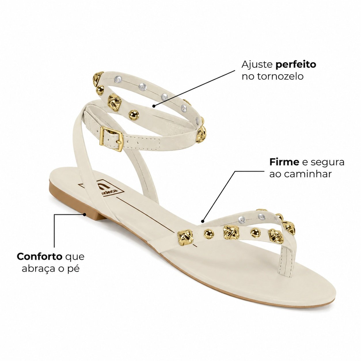Sandalia Moleca Branco OFF Tachas Douradas Feminino Casual Branco 4