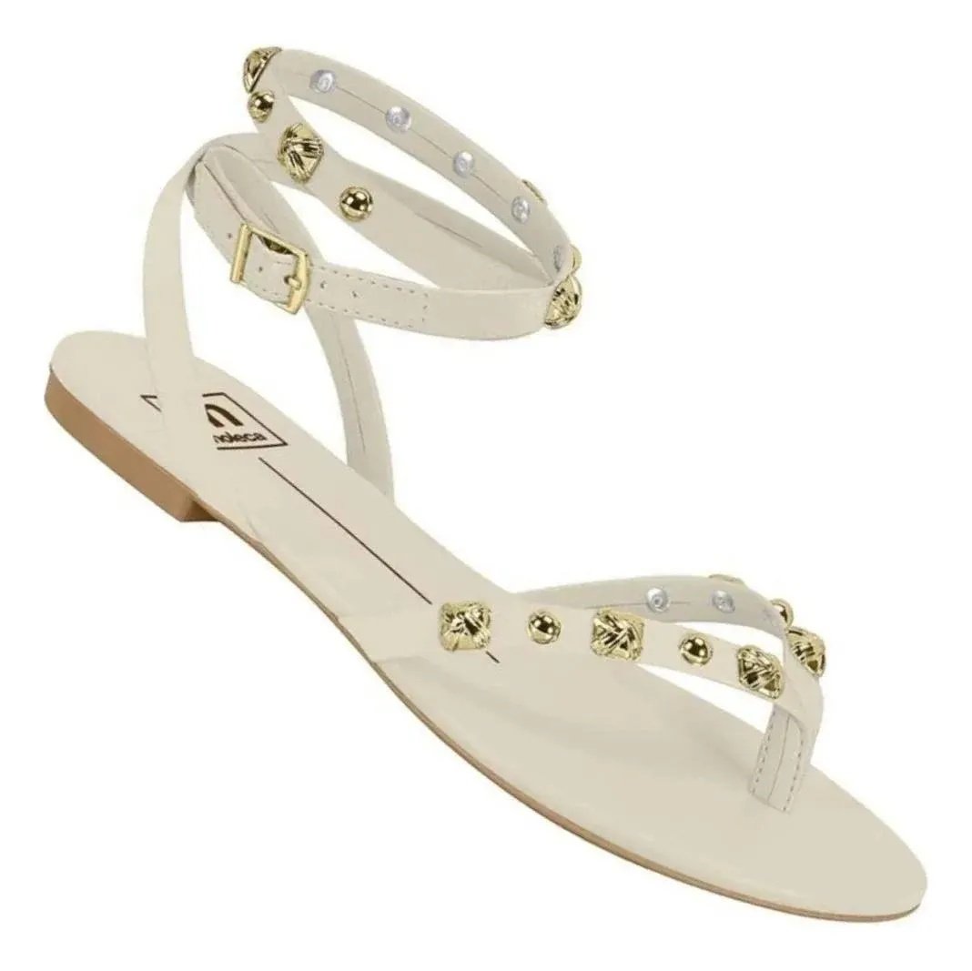Sandalia Moleca Branco OFF Tachas Douradas Feminino Casual Branco 5