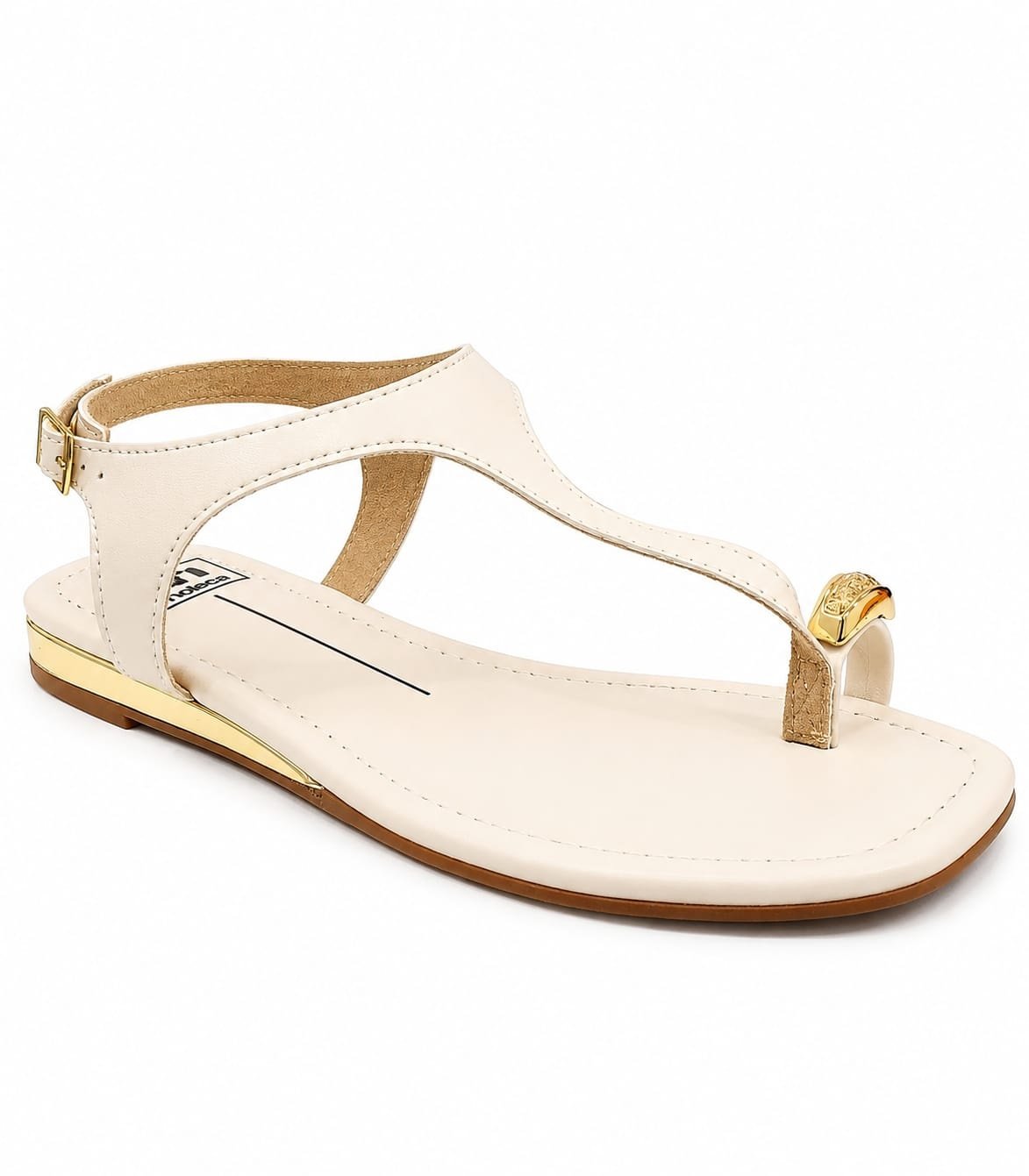 Sandalia Moleca  Branco Off Bico Quadrado Toque Dourado