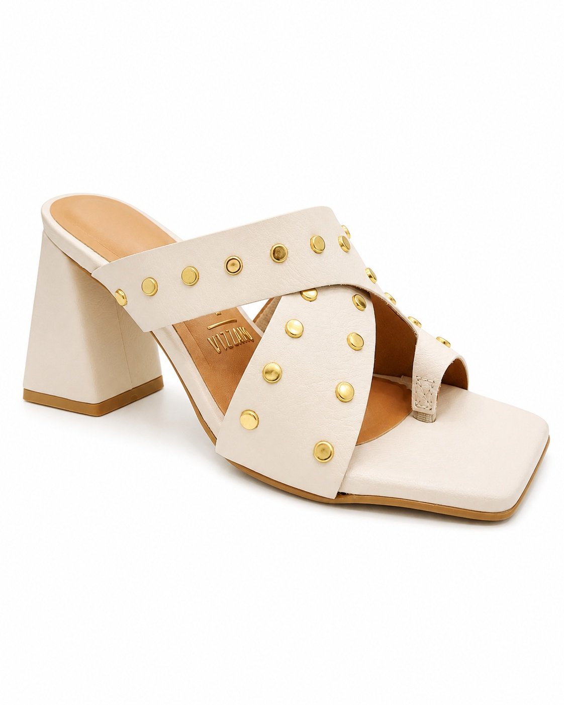 Sandalia Vizzano Off White Salto Bloco Bico Quadrado Chic