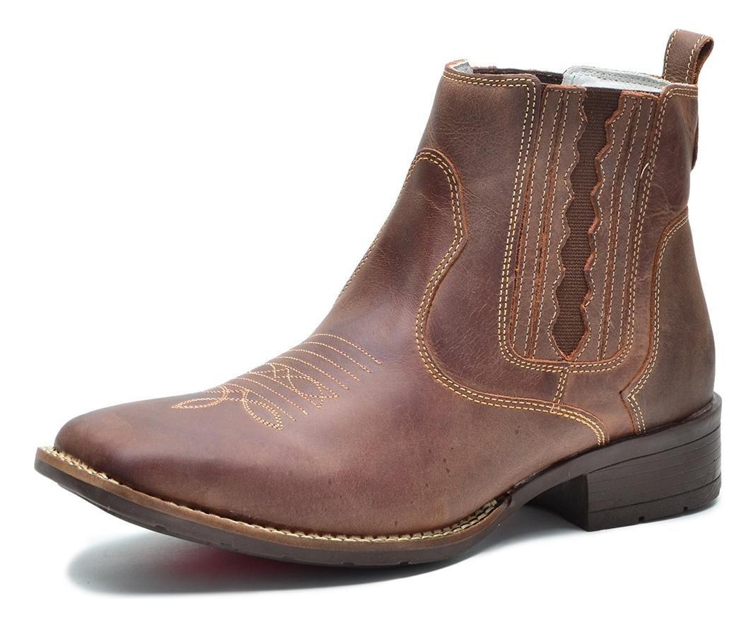 Bota Botina Country Texana Unissex em Couro Elastico Lateral Conforto