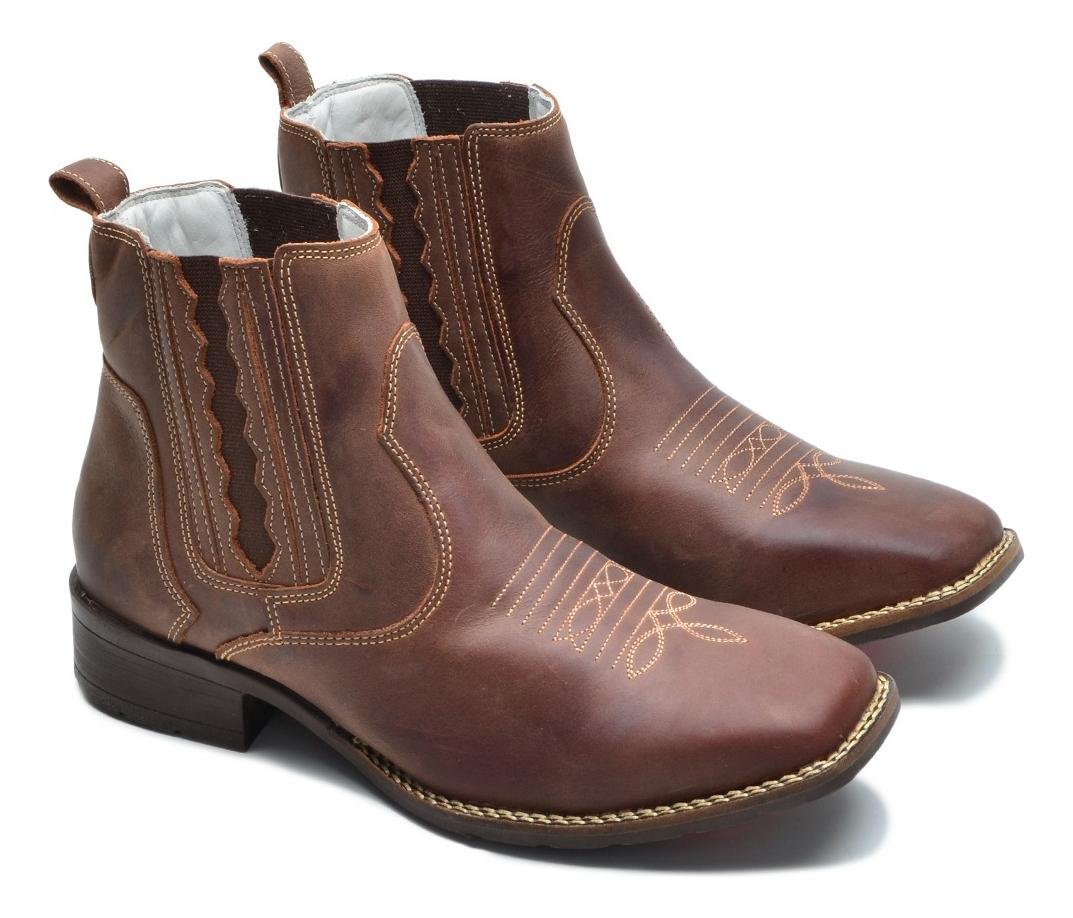Bota Botina Country Texana Unissex em Couro Elastico Lateral Conforto Marrom Escuro 2