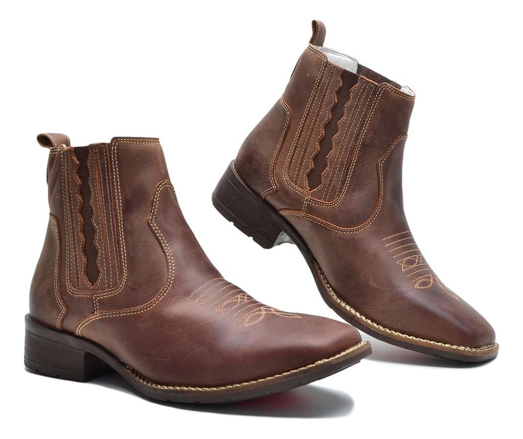 Bota Botina Country Texana Unissex em Couro Elastico Lateral Conforto Marrom Escuro 3