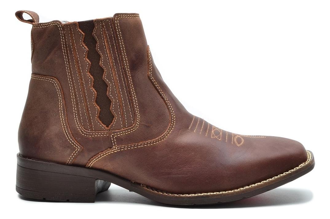 Bota Botina Country Texana Unissex em Couro Elastico Lateral Conforto Marrom Escuro 4