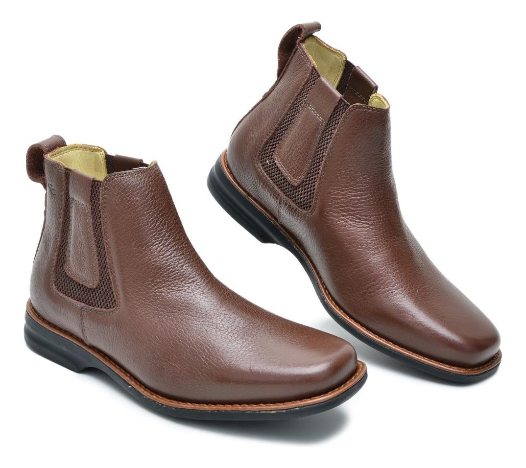 Bota Botina Masculina Chelsea Couro Solado Costurado Bico Quadrado Conforto Marrom 5