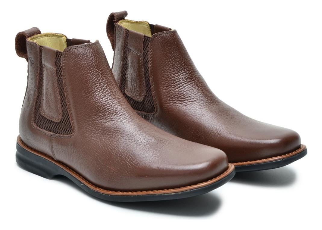 Bota Botina Masculina Chelsea Couro Solado Costurado Bico Quadrado Conforto