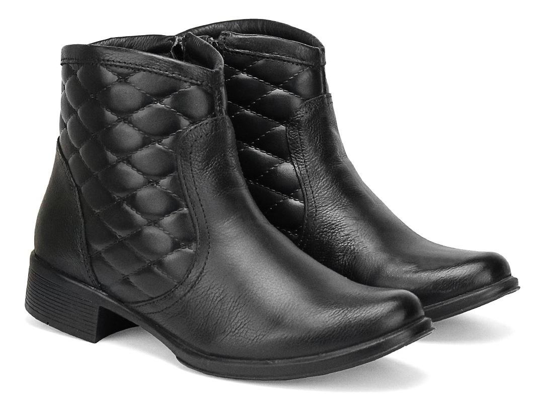 Bota Feminina Botinha Couro Cano Curto Detalhe Matelasse Casual