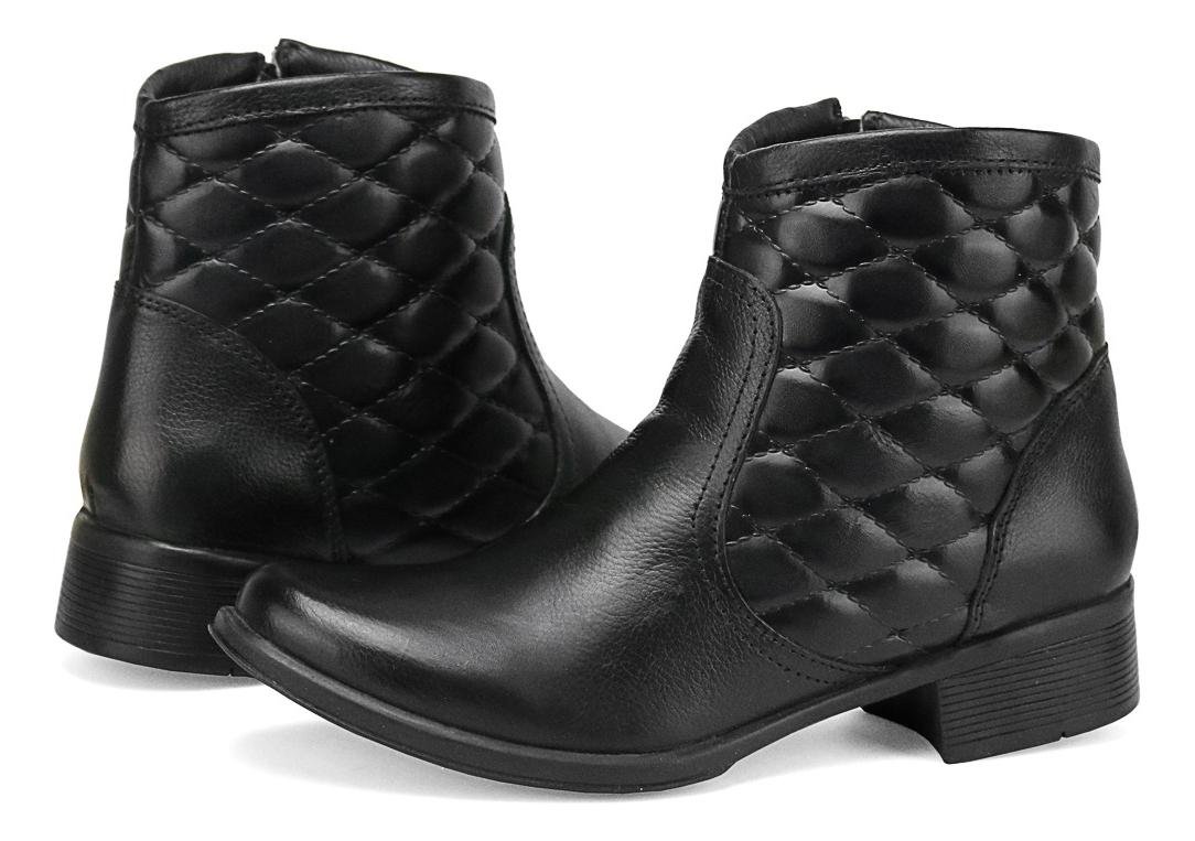 Bota Feminina Botinha Couro Cano Curto Detalhe Matelasse Casual Preto 2