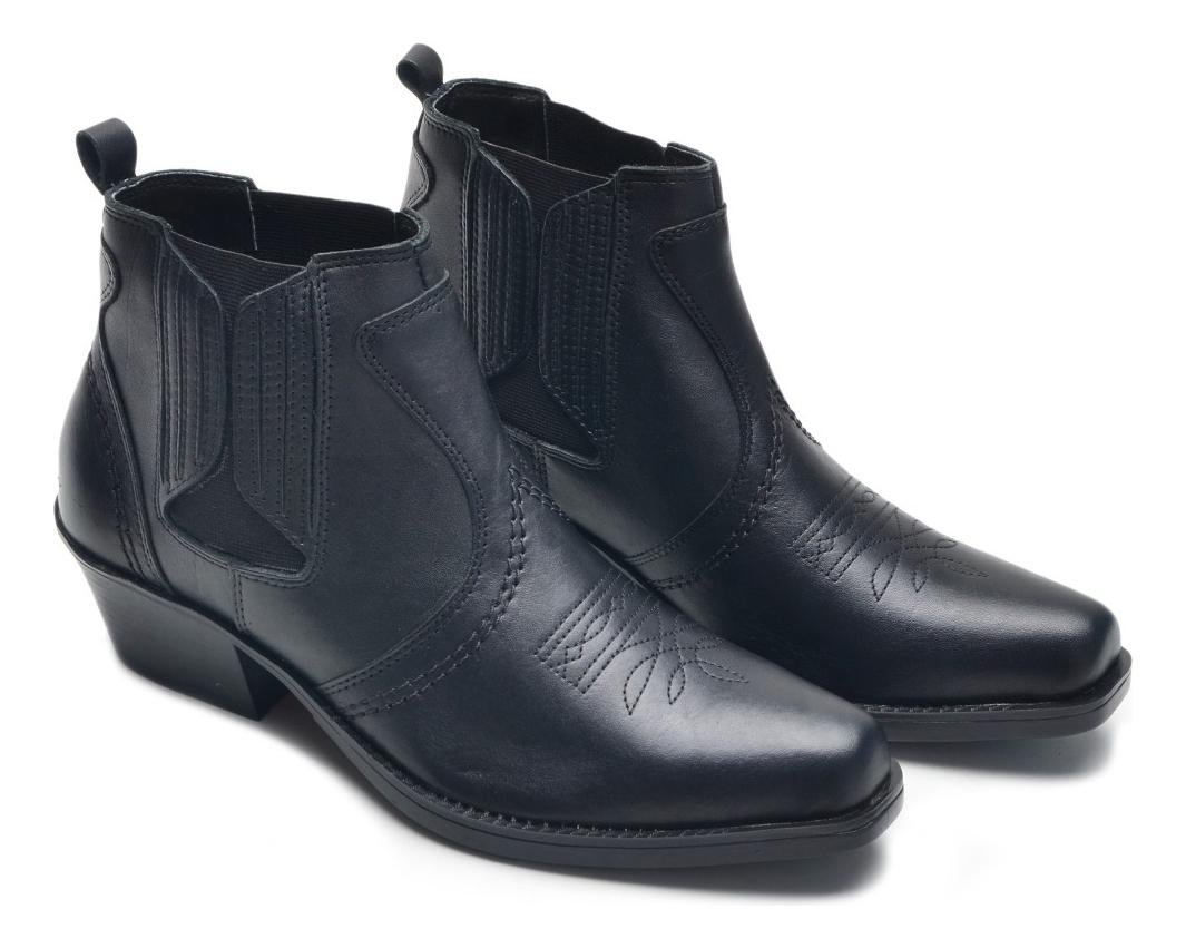Bota Country Masculina Couro Solado Blaqueado Conforto Preto 3
