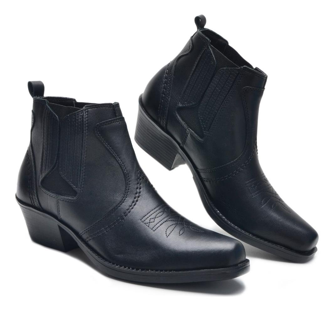 Bota Country Masculina Couro Solado Blaqueado Conforto Preto 4