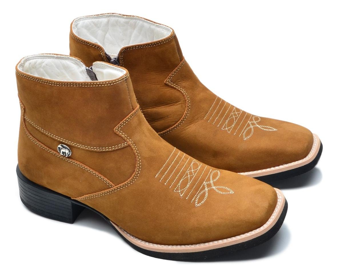 Bota Country Masculina Couro Nobuck Cano Medio Ziper Lateral Conforto Marrom 2
