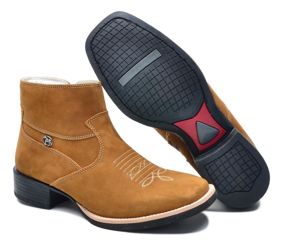 Bota Country Masculina Couro Nobuck Cano Medio Ziper Lateral Conforto Marrom 3