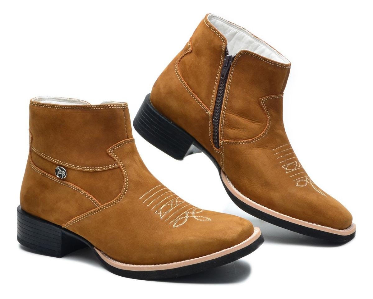 Bota Country Masculina Couro Nobuck Cano Medio Ziper Lateral Conforto Marrom 4