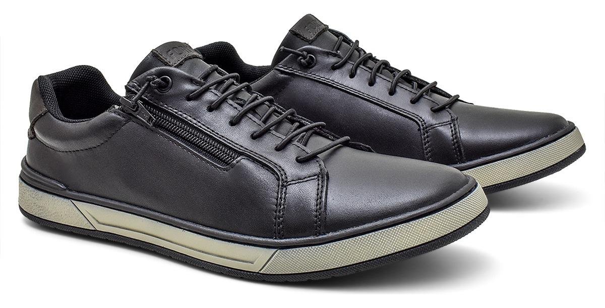 Tenis Masculino Couro Ziper Lateral Solado Costurado Conforto Preto 2
