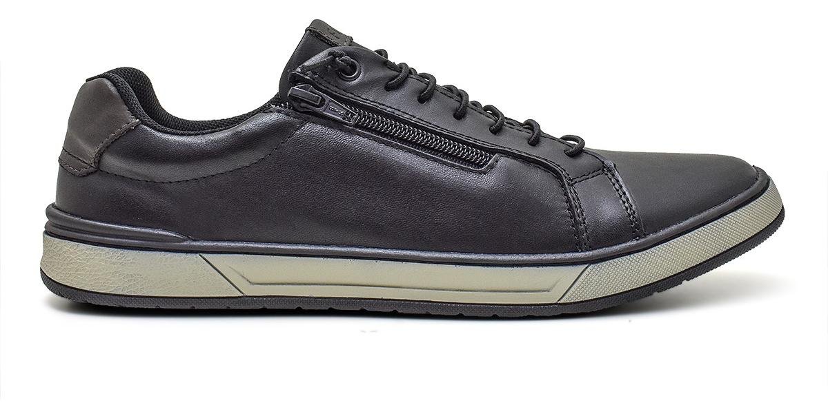Tenis Masculino Couro Ziper Lateral Solado Costurado Conforto Preto 3