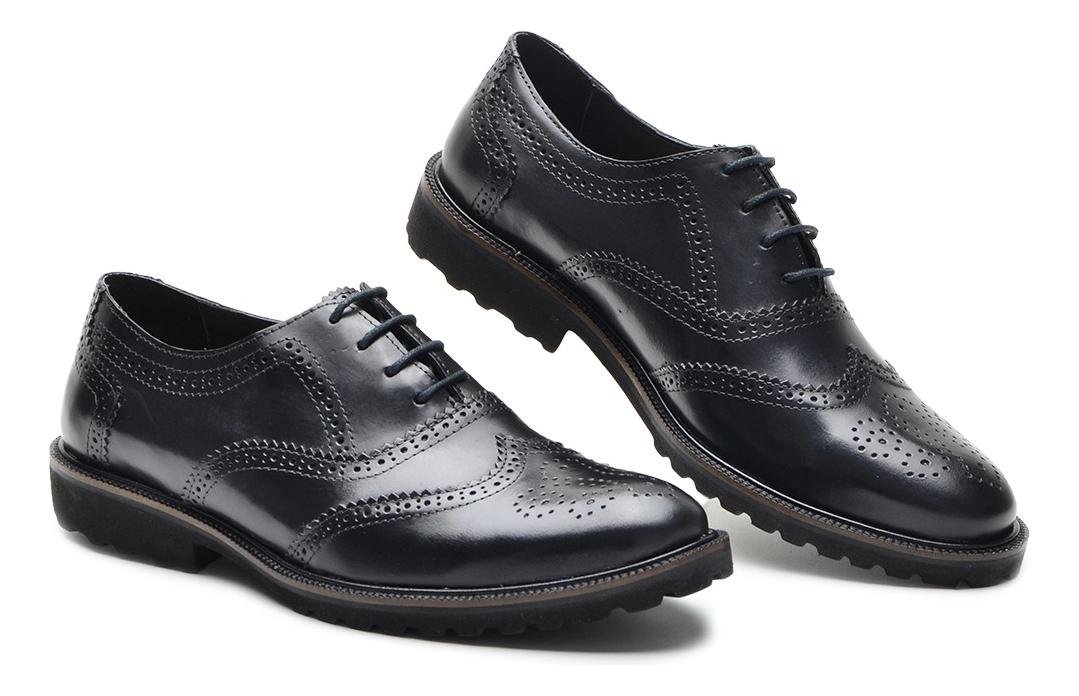 Sapato Masculino Oxford Brogue Couro Solado Tratorado Leve Preto 3