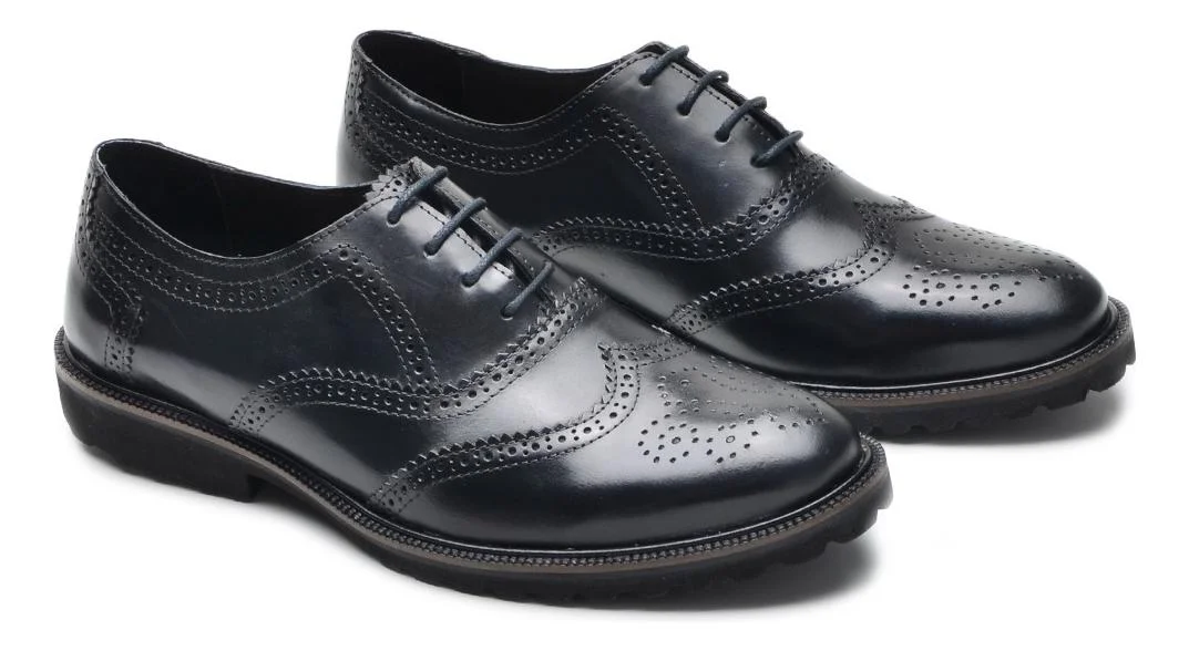 Sapato Masculino Oxford Brogue Couro Solado Tratorado Leve Preto 4