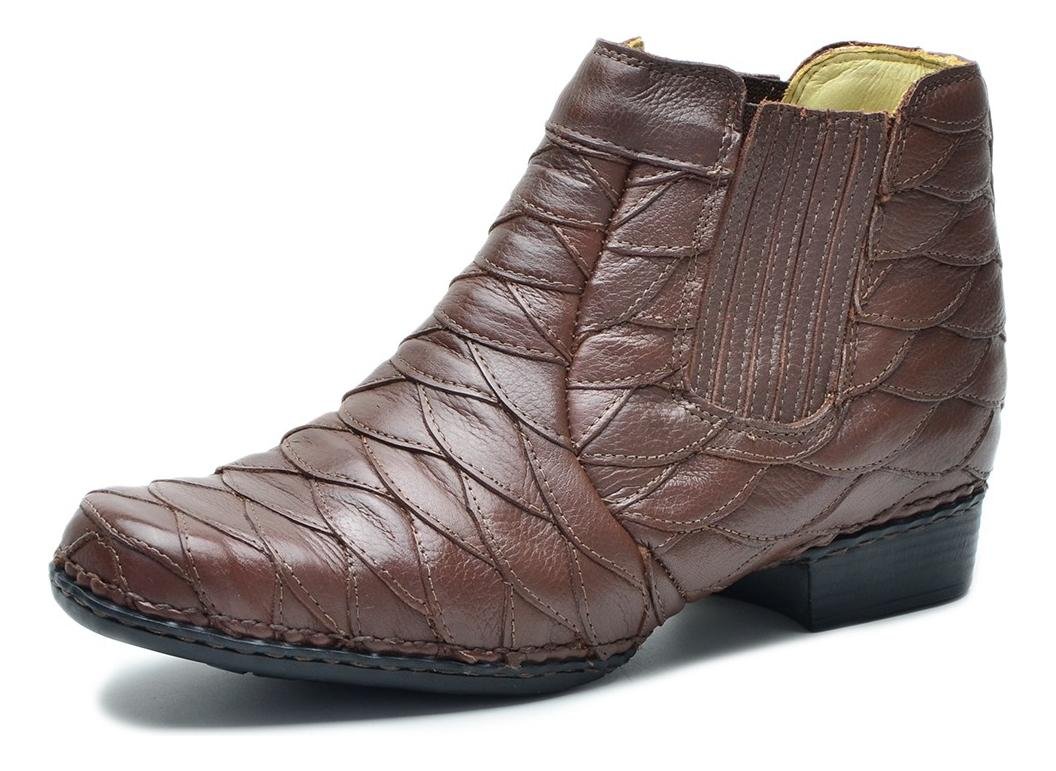 Bota Masculina Couro Escamado Cano Curto Conforto Palmilha Gel Solado Costurado Marrom Escuro 2